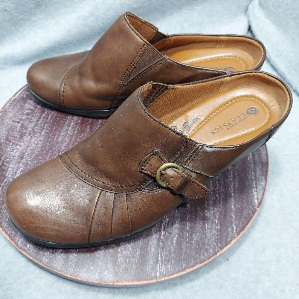 Earth Spirts Womens Brown Leather Mule Slip-On Shoes With Buckle Accents